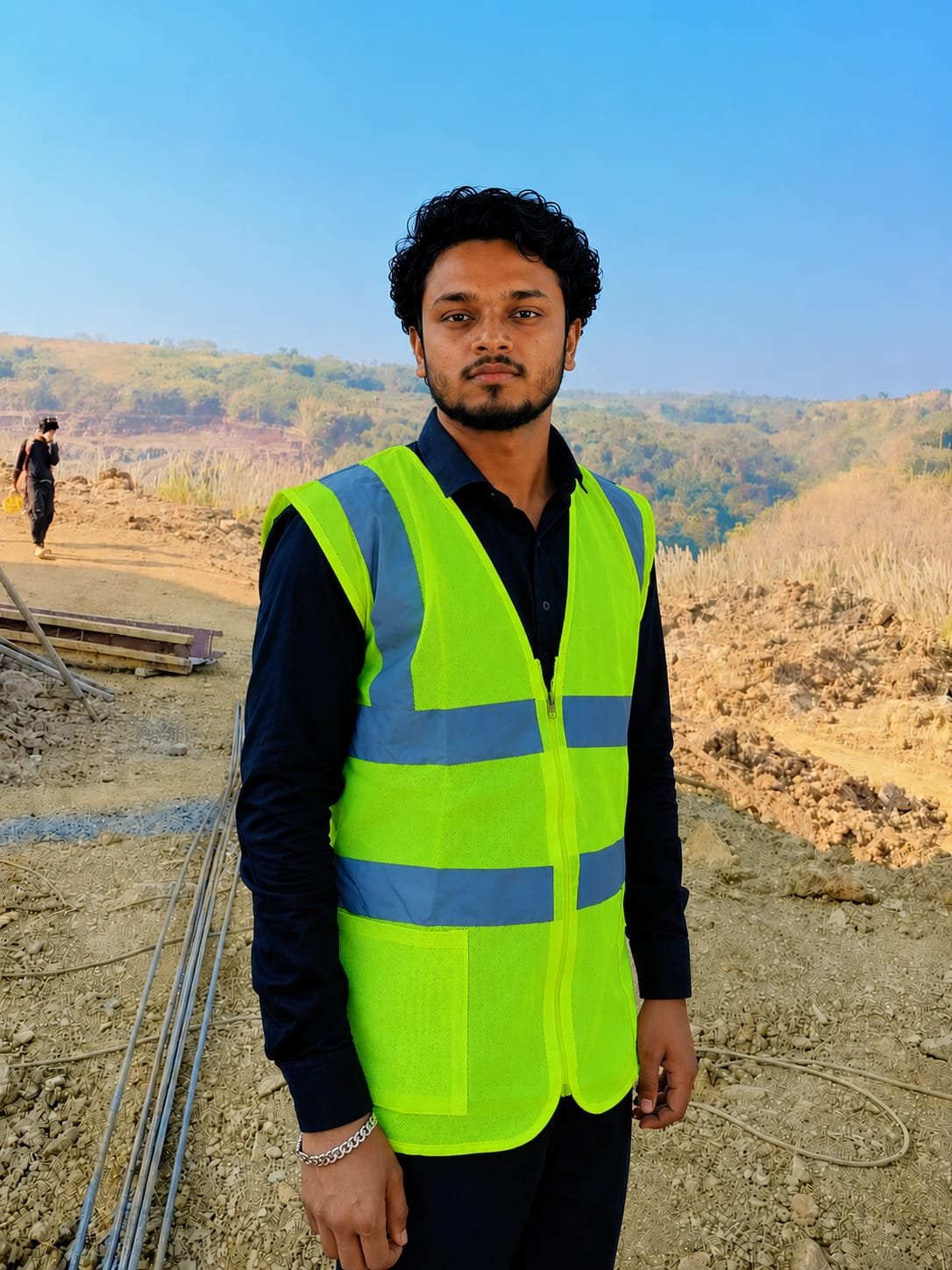 Narayan Kumar at a worksite in safety gear
